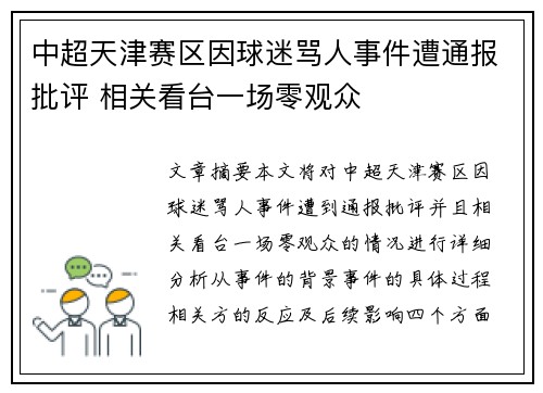 中超天津赛区因球迷骂人事件遭通报批评 相关看台一场零观众
