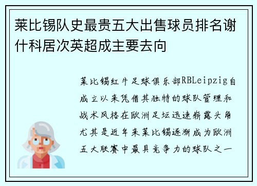 莱比锡队史最贵五大出售球员排名谢什科居次英超成主要去向